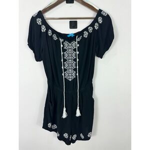 Blue Island Romper Women Large Black Floral Embroidered Pockets Boho Beachy Folk